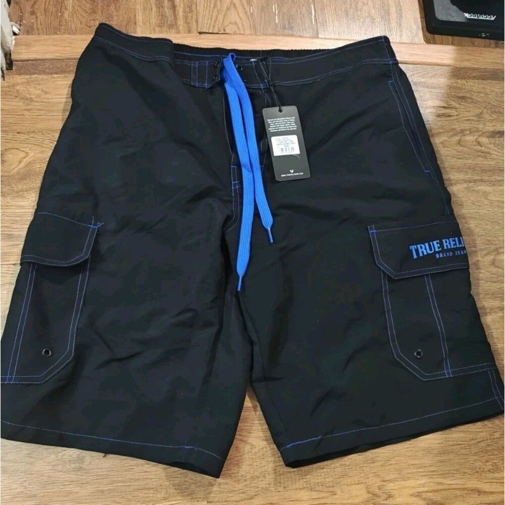 NWT True Religion Cargo Board Swim Shorts Mens 3XL Black 12' Inseam Flap Pocket